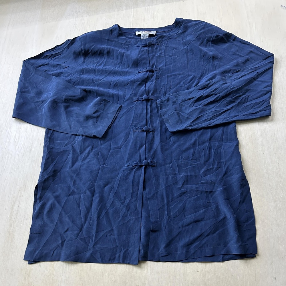 Vintage 90s Silk Button Up Blouse Womens Medium Blue Long Sleeve Top